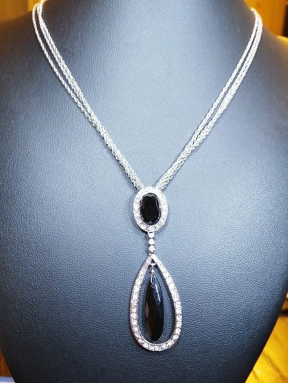 Monet Elegant Silver-Tone Black Stone Drop Vintage Necklace 17.5" Long